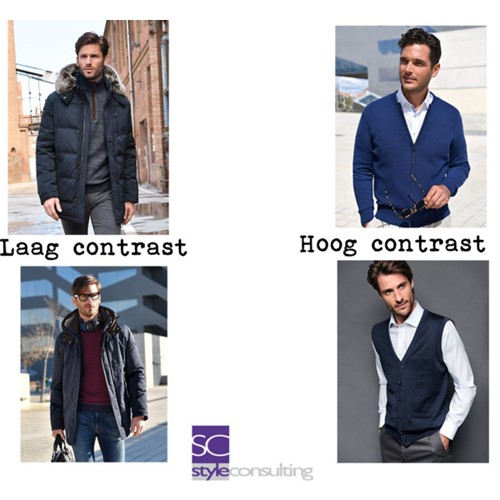 Voorbeelden van een hoog en een laag contrast in kledingcombinaties.