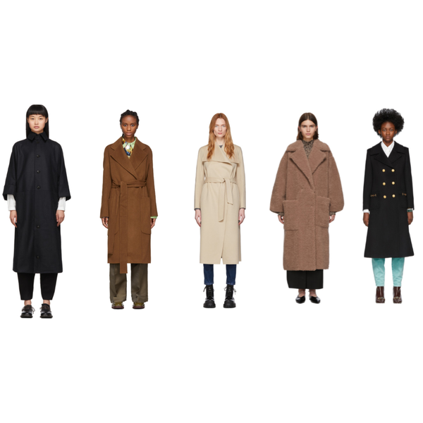 Voorbeelden van winterjassen in koele en warme neutralen.