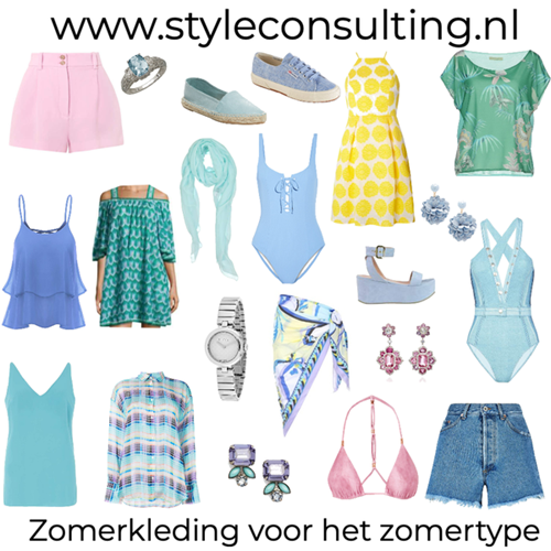 Voorbeelden van zomerkleding in kleuren voor het lichte zomertype.