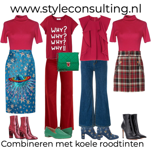 Combineren met koele roodtinten.
