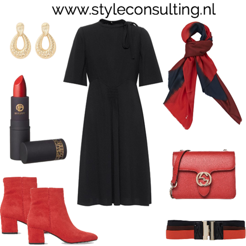 Zwarte jurk stylen met rood.