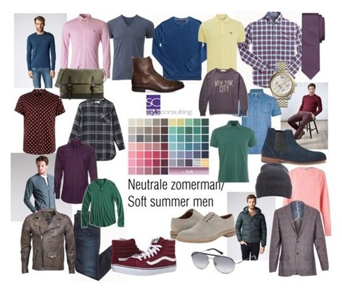 Voorbeelden van kleuren en kleding voor het neutrale zomertype (man).